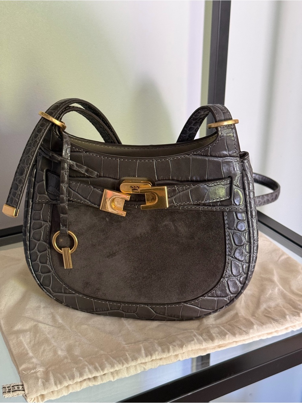 Tory Burch Lee Radziwell Dark Grey Croc-Embossed & Suede Crossbody